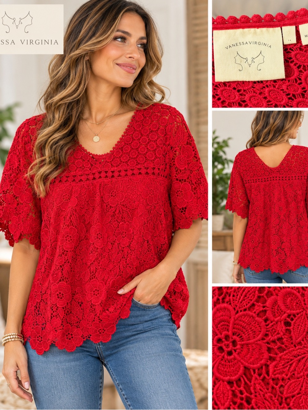 Vanessa Virginia Red Floral Lace Crochet Blouse Romantic Boho Women’s Size 14